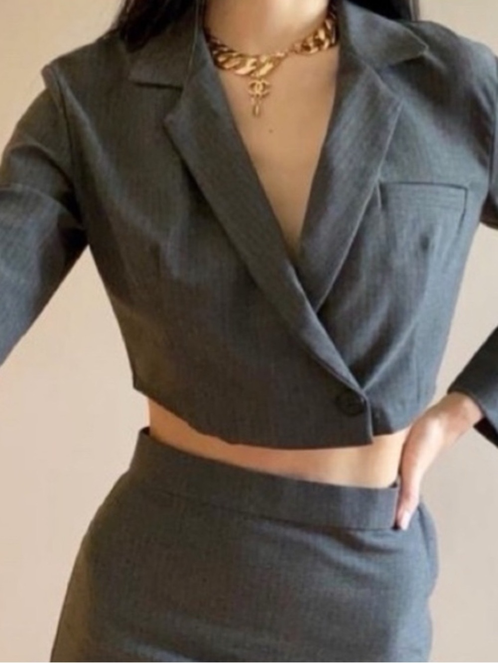 ZARA Cropped Pinstripe Blazer Jacket Grey Small One Button Preppy Y2K Office